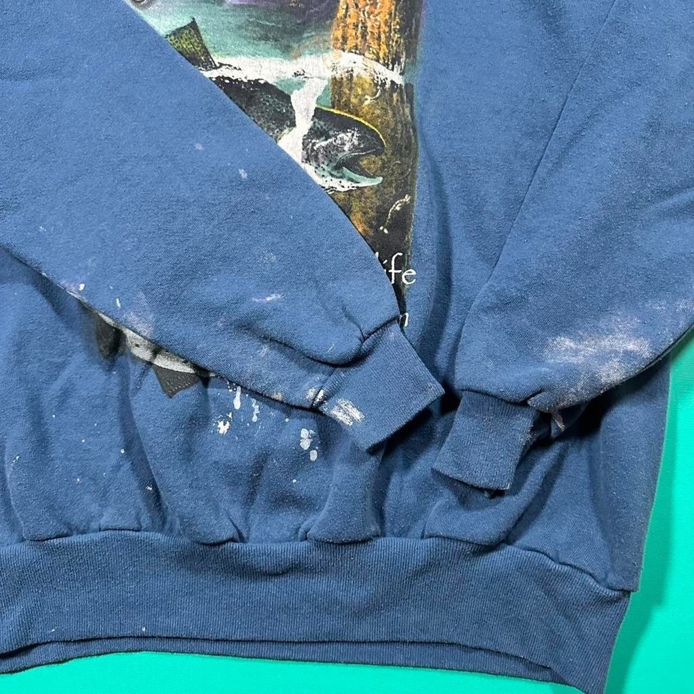 Vintage 90s wildlife expedition trout graphic paint distressed sweatshirt - Picture 3 of 7